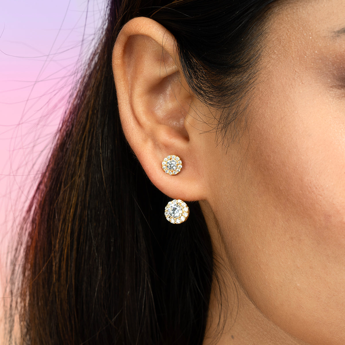 Close-up view of Gulban Bling Versatile Earring featuring a dual-stud design with brilliant-cut solitaire stones, 18K gold plated finish in premium demi fine jewellery.