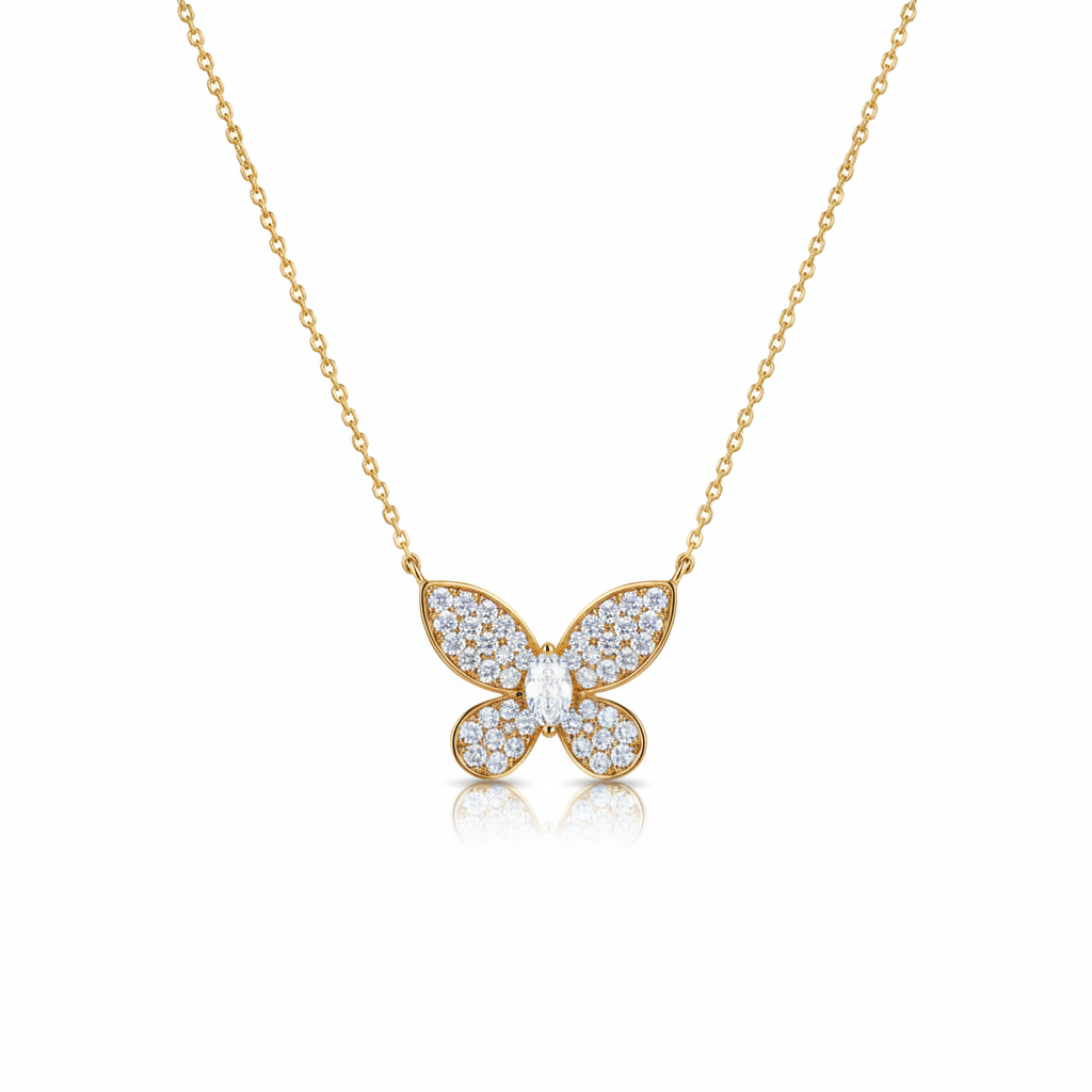 Gold butterfly necklace with diamonds on Gulban Demi Fine Jewellery