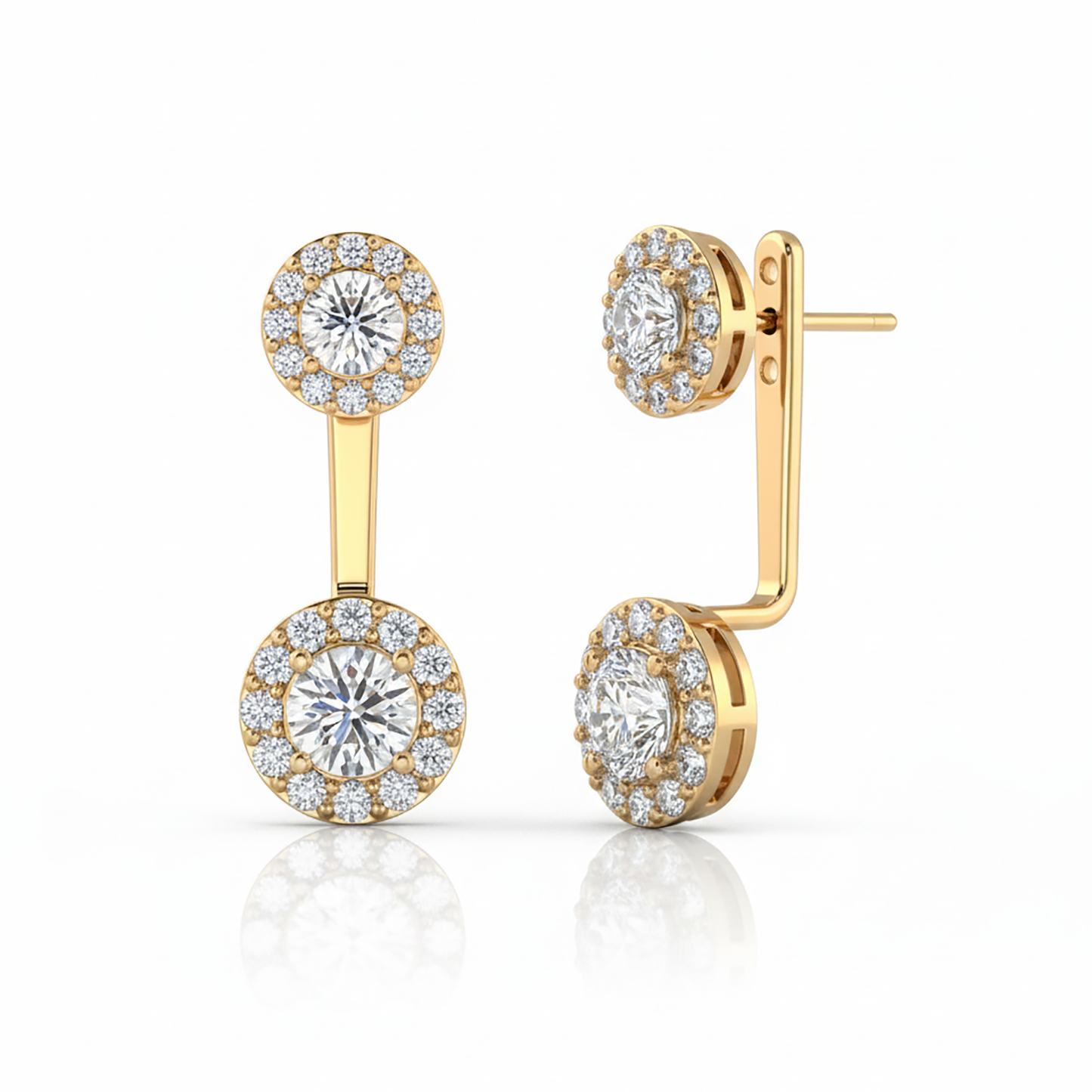 Gold earrings with diamond accents on a white background