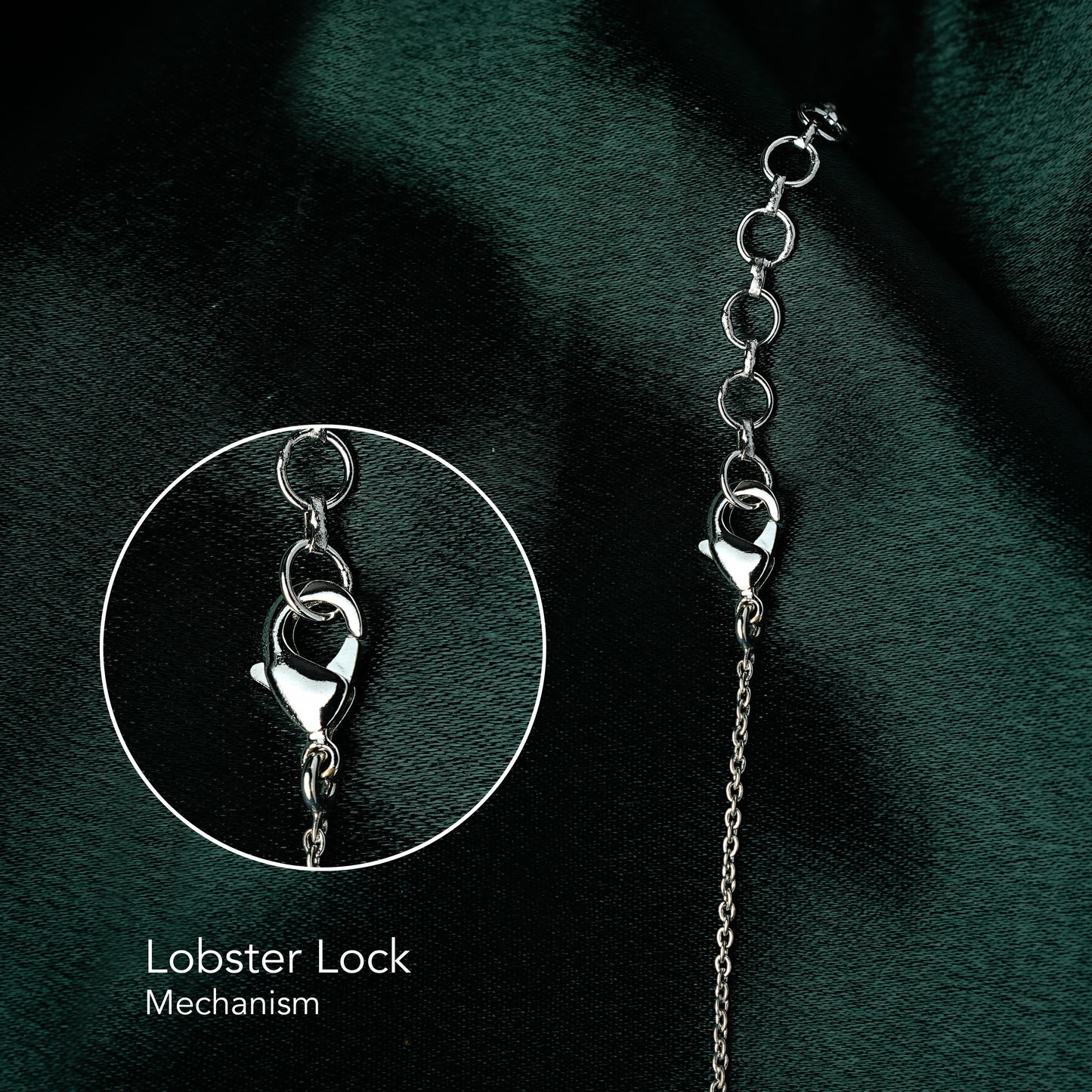Close-up of lobster clasp lock mechanism on a gold-plated chain — secure and adjustable necklace closure for demi-fine jewellery