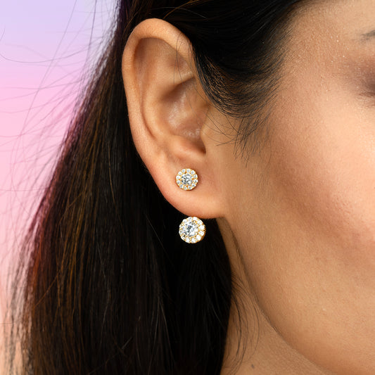 Close-up view of Gulban Bling Versatile Earring featuring a dual-stud design with brilliant-cut solitaire stones, 18K gold plated finish in premium demi fine jewellery.