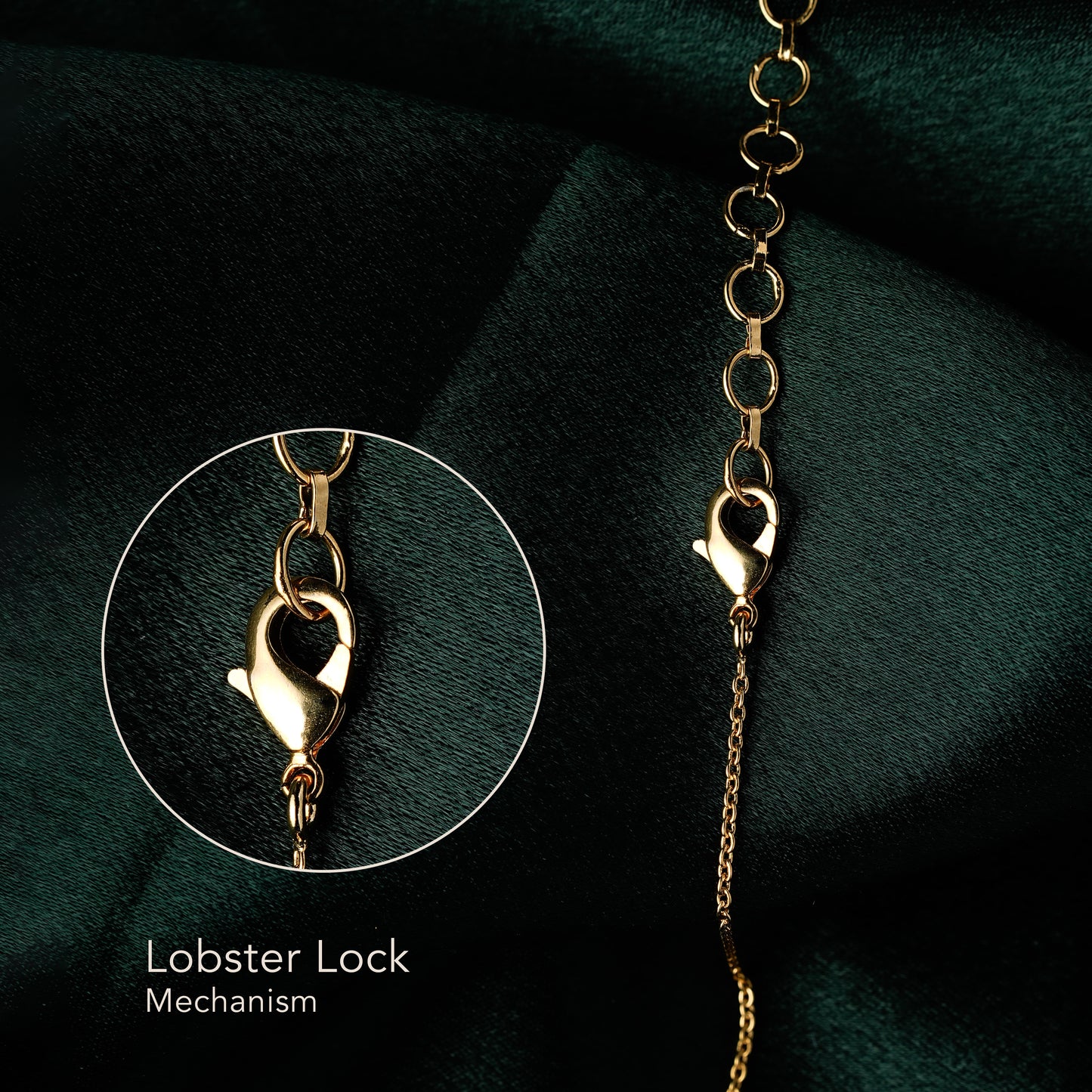 Close-up of lobster clasp lock mechanism on a gold-plated chain — secure and adjustable necklace closure for demi-fine jewellery