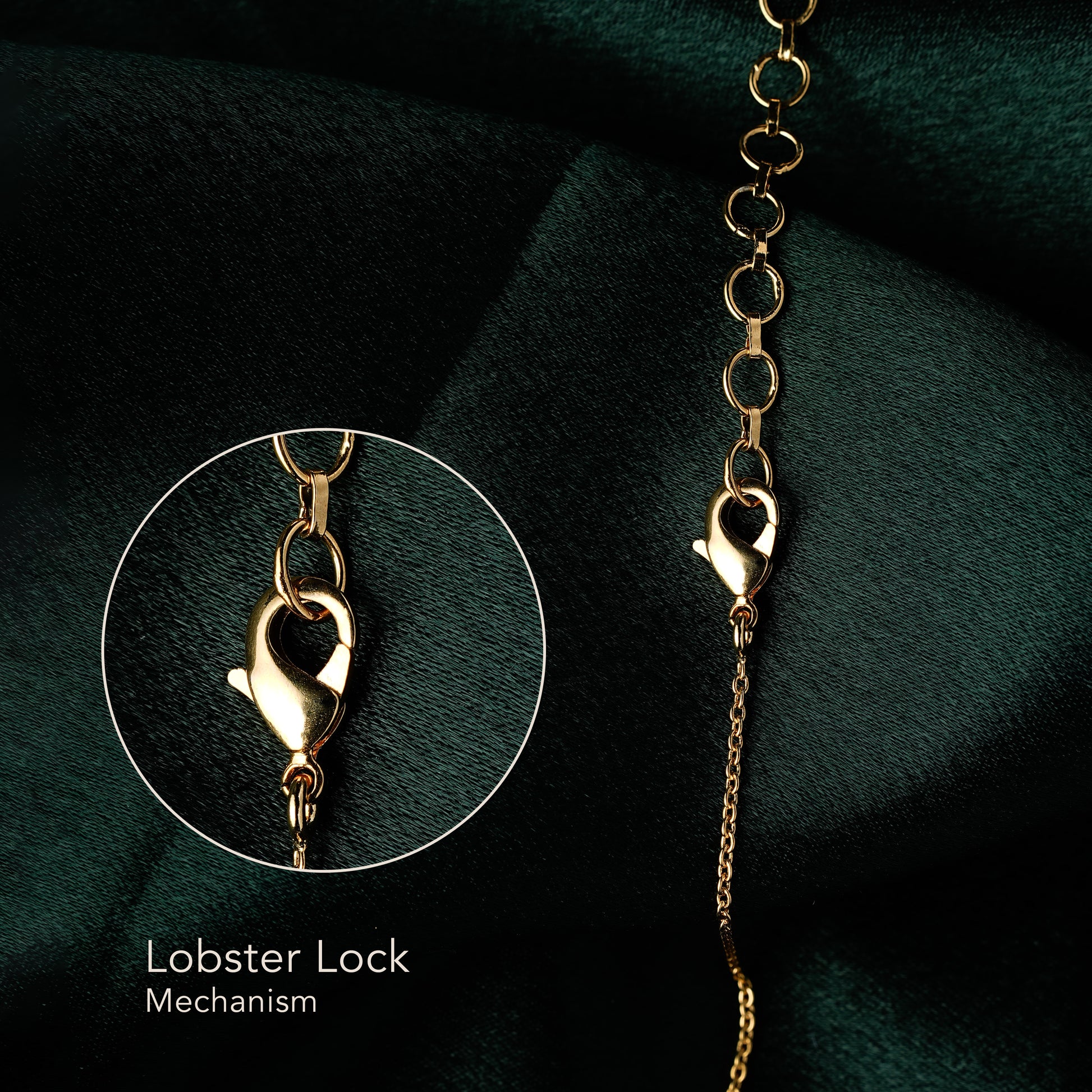 Close-up of lobster clasp lock mechanism on a gold-plated chain — secure and adjustable necklace closure for demi-fine jewellery
