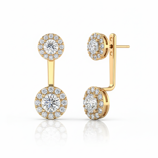 Gold earrings with diamond accents on a white background