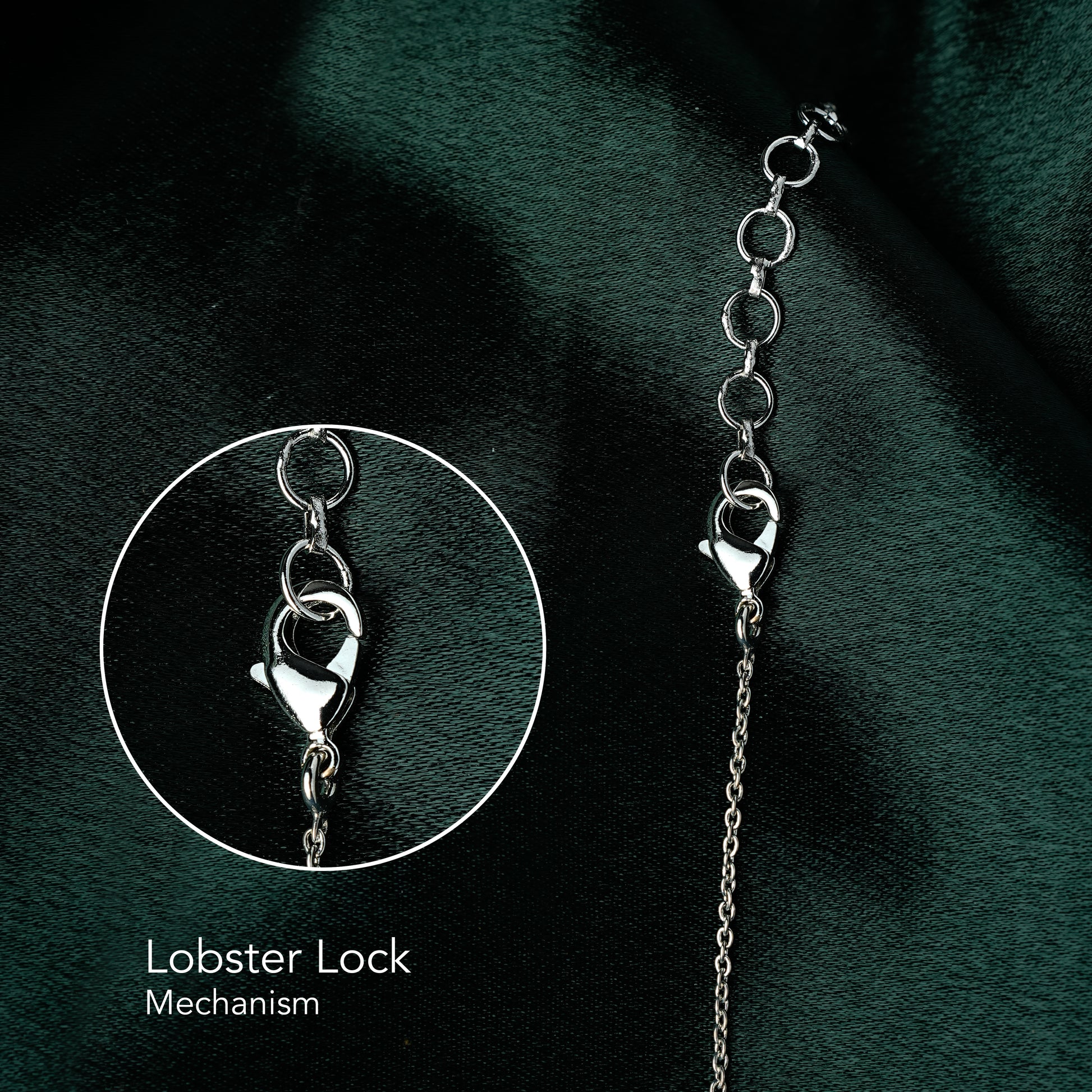 Close-up of lobster clasp lock mechanism on a gold-plated chain — secure and adjustable necklace closure for demi-fine jewellery